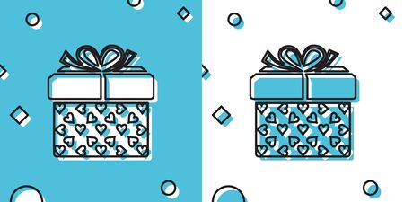 Black Gift box and heart icon isolated on blue and white background. Packaging Valentines Day. Beautiful festive box tied with ribbon and bow on top. Random dynamic shapes. Vector Illustrationのイラスト素材