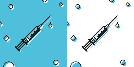 Black Medical syringe with needle and drop icon isolated on blue and white background. Syringe sign for vaccine, vaccination, injection, flu shot. Random dynamic shapes. Vector Illustrationのイラスト素材