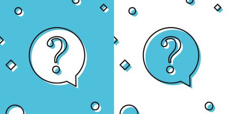 Black Question mark in circle icon on blue and white background. Hazard warning symbol. FAQ sign. Copy files, chat speech bubble and chart web icons. Random dynamic shapes. Vector Illustrationのイラスト素材