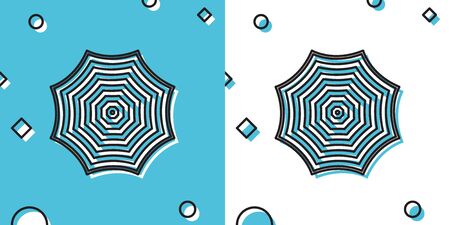 Sun protective umbrella fo beach icon on blue and white background. Large parasol for outdoor space. Beach umbrella. Summer vacation or picnic accessory. Random dynamic shapes. Vector Illustrationのイラスト素材