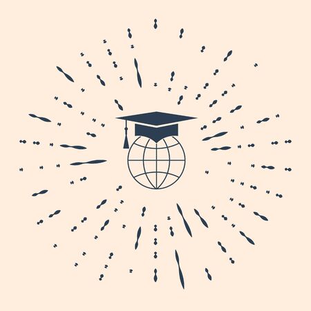 Black Graduation cap on globe icon isolated on beige background. World education symbol. Online learning or e-learning concept. Abstract circle random dots. Vector Illustrationのイラスト素材