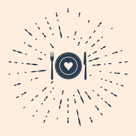Black Heart on plate, fork and knife icon isolated on beige background. Happy Valentines day. Abstract circle random dots. Vector Illustrationのイラスト素材