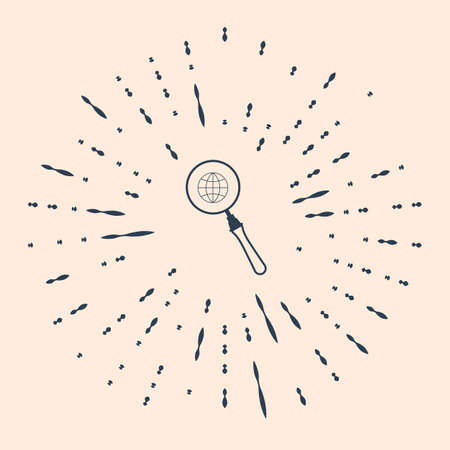 Black Magnifying glass with globe icon isolated on beige background. Analyzing the world. Global search sign. Abstract circle random dots.のイラスト素材