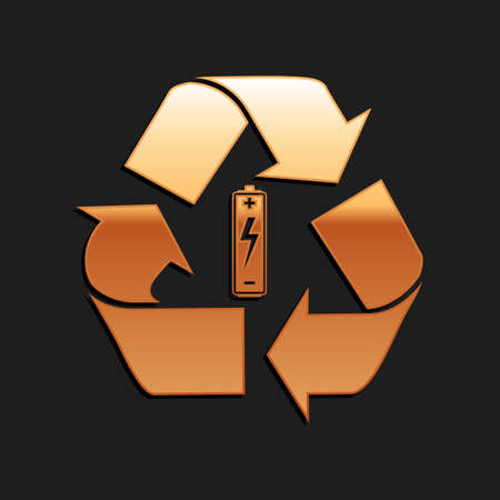 Gold Battery with recycle symbol icon isolated on black background. Battery with recycling symbol - renewable energy concept. Long shadow style. Vectorのイラスト素材