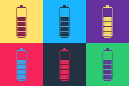 Pop art Battery charge level indicator icon isolated on color background. Vectorのイラスト素材
