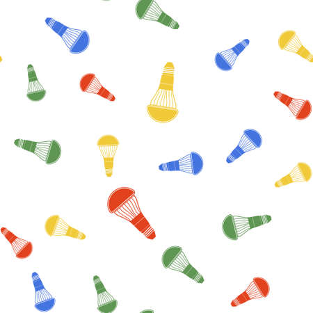 Color LED light bulb icon isolated seamless pattern on white background. Economical LED illuminated lightbulb. Save energy lamp. Vectorのイラスト素材