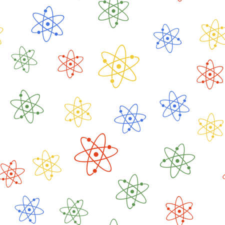 Color Atom icon isolated seamless pattern on white background. Symbol of science, education, nuclear physics, scientific research. Electrons and protonssign. Vectorのイラスト素材