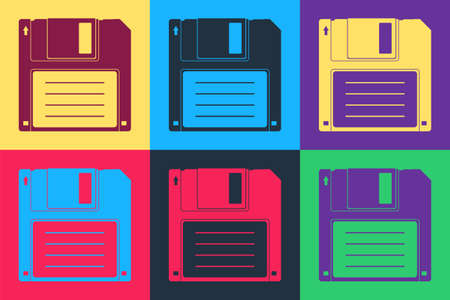 Pop art Floppy disk for computer data storage icon isolated on color background. Diskette sign. Vectorのイラスト素材