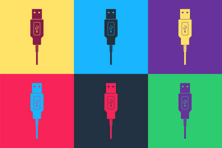 Pop art USB cable cord icon isolated on color background. Connectors and sockets for PC and mobile devices. Smartphone recharge supply. Vectorのイラスト素材