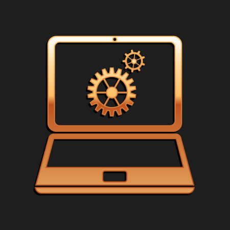 Gold Laptop and gears icon isolated on black background. Adjusting app, service, setting options, maintenance, repair, fixing laptop concepts. Long shadow style. Vectorのイラスト素材