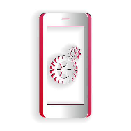 Paper cut Setting on smartphone screen icon isolated on white background. Mobile and gear. Adjusting app, set options, repair, fixing phone concepts. Paper art style. Vectorのイラスト素材