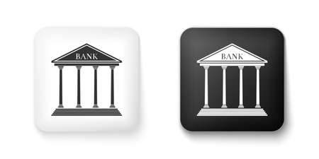 Black and white Bank building icon isolated on white background. Square button. Vectorのイラスト素材