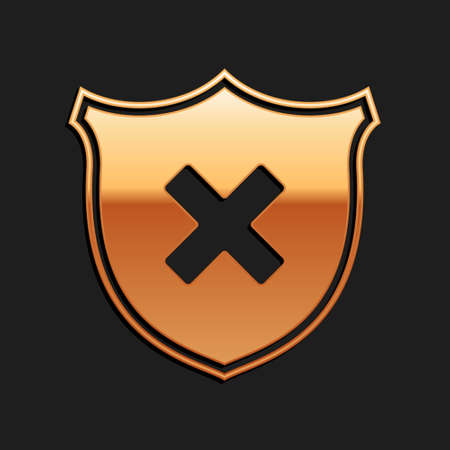 Gold Shield and cross x mark icon isolated on black background. Denied disapproved sign. Protection, safety, security concept. Long shadow style. Vectorのイラスト素材