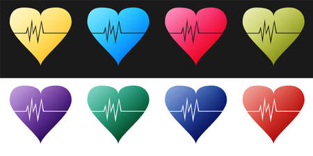 Set Heart rate icon isolated on black and white background. Heartbeat sign. Heart pulse icon. Cardiogram icon. Vectorのイラスト素材
