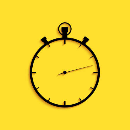 Black Stopwatch icon isolated on yellow background. Time timer sign. Long shadow style. Vectorのイラスト素材