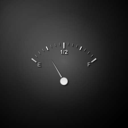 Silver Motor gas gauge icon isolated on black background. Empty fuel meter. Full tank indication. Long shadow style. Vectorのイラスト素材