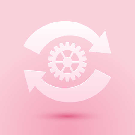 Paper cut Gear and arrows as workflow concept icon isolated on pink background. Gear reload sign. Paper art style. Vectorのイラスト素材