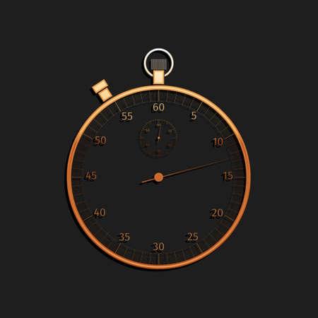 Gold Classic stopwatch icon isolated on black background. Timer icon. Chronometer sign. Long shadow...
