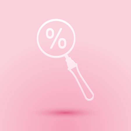 Paper cut Magnifying glass with percent discount icon isolated on pink background. Discount offers searching. Search for discount sale sign. Paper art style. Vectorのイラスト素材