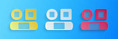 Paper cut Set Bandage plaster icon isolated on blue background. Medical plaster, adhesive bandage,...