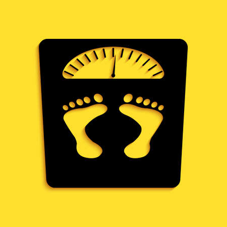 Black Bathroom scales with footprints icon isolated on yellow background. Weight measure Equipment. Weight Scale fitness sport concept. Long shadow style. Vectorのイラスト素材