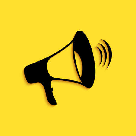 Black Megaphone icon isolated on yellow background. Long shadow style. Vectorのイラスト素材