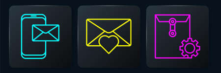 Set line Mobile and envelope, Envelope setting and Envelope with Valentine heart. Black square button. Vectorのイラスト素材