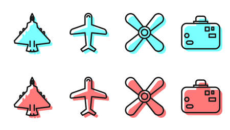 Set line Plane propeller, Jet fighter, Plane and Suitcase icon. Vectorのイラスト素材