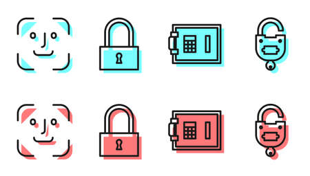 Set line Safe, Face recognition, Lock and Lock and key icon. Vectorのイラスト素材