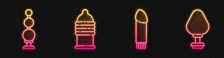 Set line Dildo vibrator, Anal beads, Condom safe sex and Anal plug. Glowing neon icon. Vectorのイラスト素材
