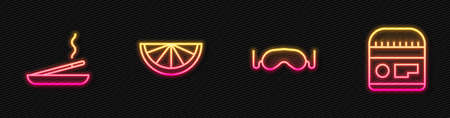 Set line Eye sleep mask, Scented spa stick, Citrus fruit and Cream or lotion cosmetic tube. Glowing neon icon. Vectorのイラスト素材