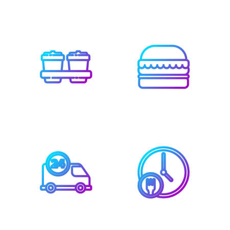 Set line Round the clock delivery, Fast by car, Coffee cup to go and Burger. Gradient color icons. Vectorのイラスト素材