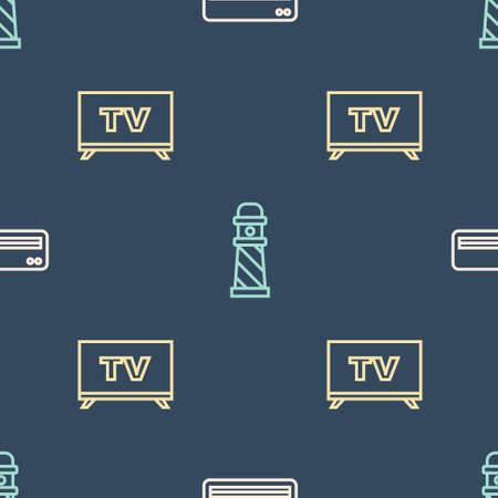 Set line Air conditioner, Smart Tv and Lighthouse on seamless pattern. Vectorのイラスト素材