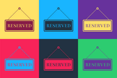 Pop art Hanging sign with text Reserved sign icon isolated on color background. Business theme for cafe or restaurant. Vectorのイラスト素材