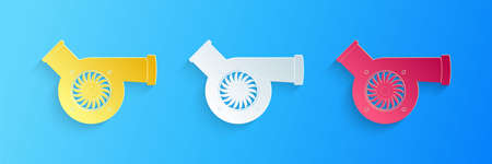 Paper cut Automotive turbocharger icon isolated on blue background. Vehicle performance turbo. Car...