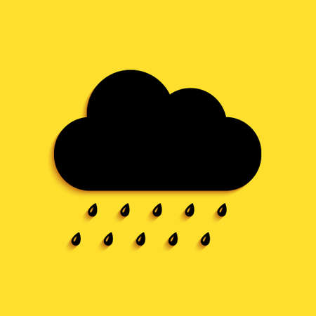 Black Cloud with rain icon isolated on yellow background. Rain nimbus cloud precipitation with rain drops. Long shadow style. Vectorのイラスト素材