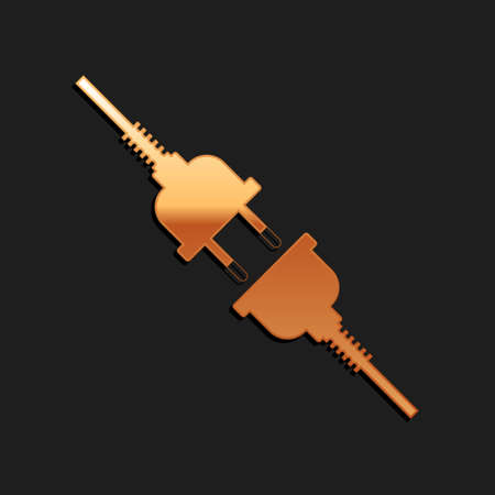 Gold Electric wire plug and socket icon isolated on black background. Long shadow style. Vectorのイラスト素材