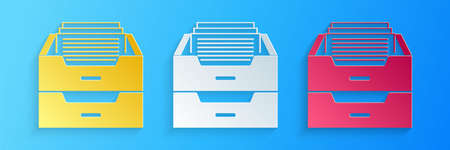 Paper cut Drawer with documents icon isolated on blue background. Archive papers drawer. File...