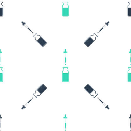 Green Glass bottle with a pipette. Vial with a pipette inside and lid icon isolated seamless pattern on white background. Container for medical and cosmetic product. Vectorのイラスト素材