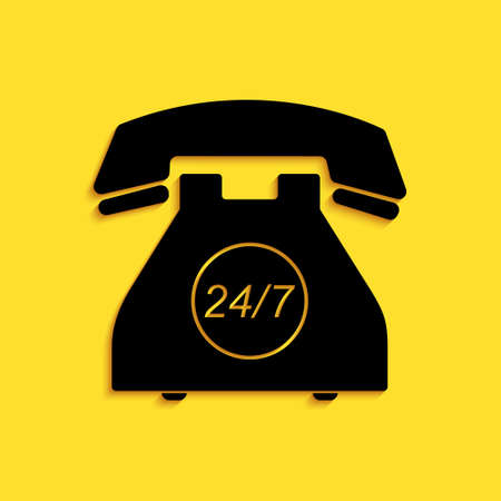 Black Telephone 24 hours support icon isolated on yellow background. All-day customer support...