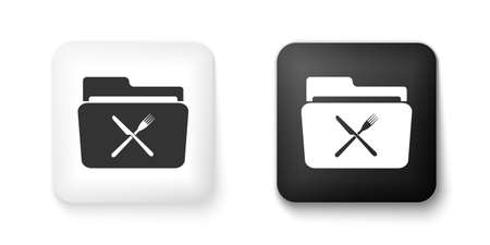 Black and white Crossed fork and knife over folder icon isolated on white background. Restaurant symbol. Square button. Vectorのイラスト素材