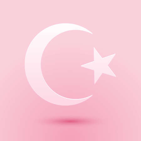 Paper cut Star and crescent - symbol of Islam icon isolated on pink background. Religion symbol. Paper art style. Vectorのイラスト素材