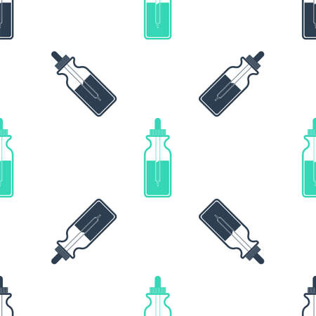 Green Glass bottle with a pipette. Vial with a pipette inside and lid icon isolated seamless pattern on white background. Container for medical and cosmetic product. Vectorのイラスト素材