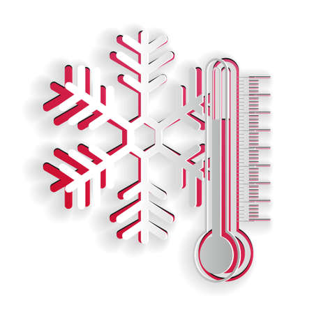 Paper cut Thermometer with snowflake icon isolated on white background. Paper art style. Vectorのイラスト素材