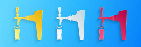 Paper cut Beer tap with glass icon isolated on blue background. Paper art style. Vectorのイラスト素材