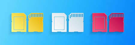 Paper cut SD card icon isolated on blue background. Memory card. Adapter icon. Paper art style....