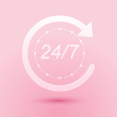 Paper cut Open 24 hours a day and 7 days a week icon isolated on pink background. All day cyclic icon. Paper art style. Vectorのイラスト素材