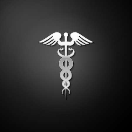 Silver Caduceus medical symbol icon isolated on black background. Medicine and health care concept. Emblem for drugstore or medicine, pharmacy snake. Long shadow style. Vectorのイラスト素材