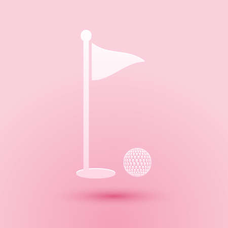 Paper cut Golf ball and hole with flag icon isolated on pink background. Golf course. Ball and flagstick in hole. Sport concept. Paper art style. Vectorのイラスト素材
