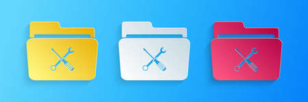 Paper cut Folder and tools or settings icon isolated on blue background. Folder with wrench and screwdriver sign. Computer technical service. Paper art style. Vectorのイラスト素材